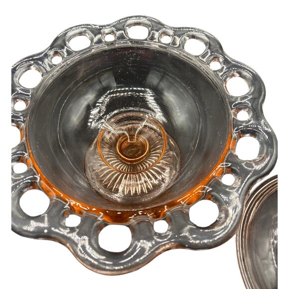 Vtg OLD COLONY Depression Glass Lace edge open lace pink footed bowl with lid - Picture 4 of 4